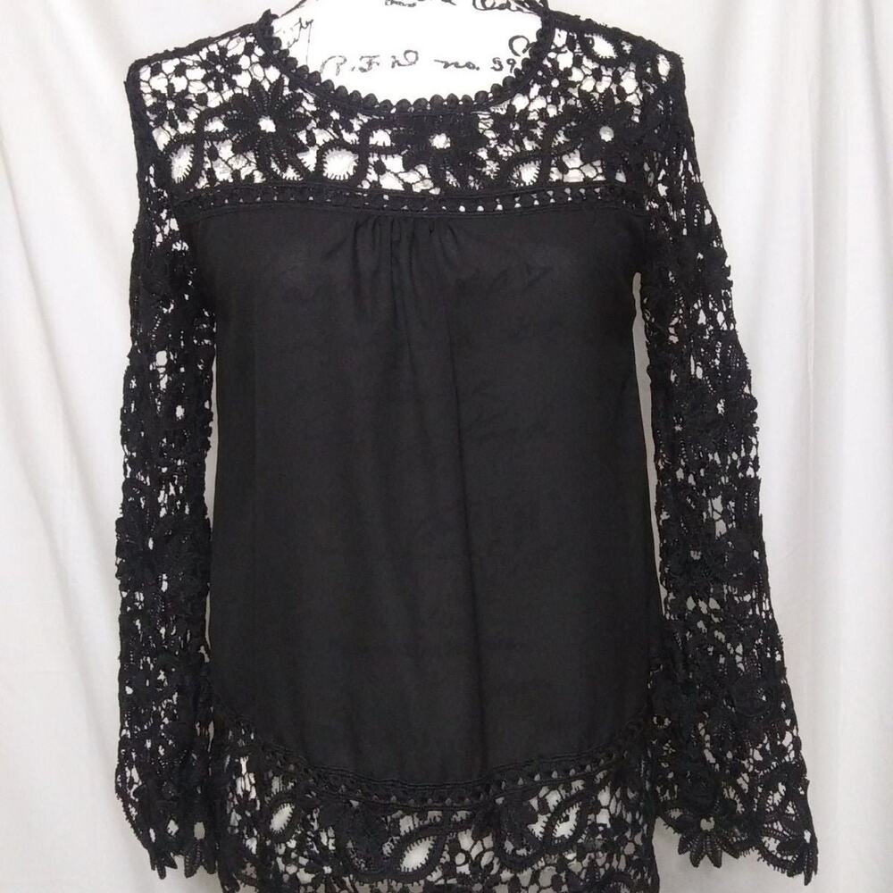 Oioninos Crochet Lace Long Sleeve Black Pullover Blouse Top Shirt XS-S Lace Hem